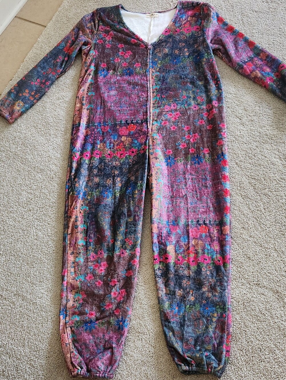 Natural Life Floral fuzzy fleece zip one-piece lounge bodysuit Boho Hippie M
